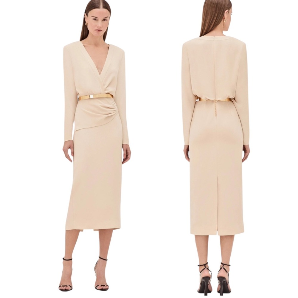 Alexis Fraser Wrap Midi Dress Ivory‎ Belted Long Sleeve Cocktail NWT Womens M